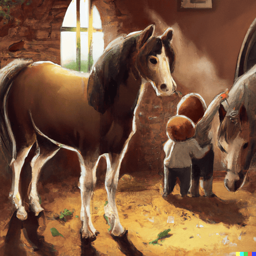 Image reprÃ©sentant deux chevaux et deux enfants dans une Ã©curie