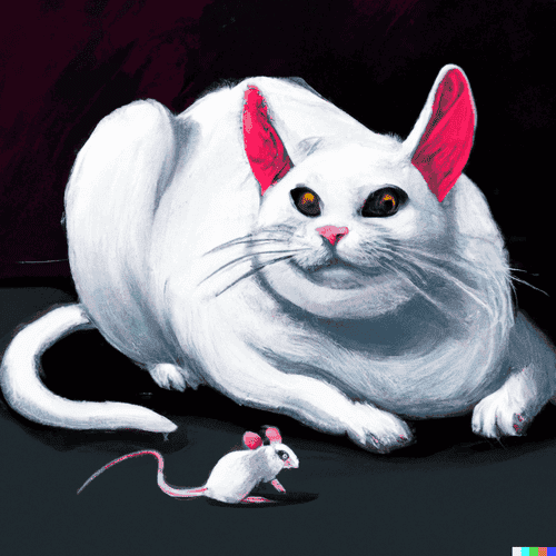 Image reprÃ©sentant une grosse chatte blanche allongÃ©e qui regarde une souris devant elle