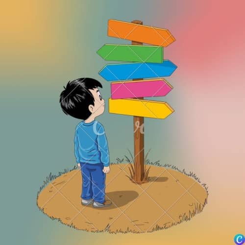 Image représentant un enfant devant un panneau avec beaucoup de choix