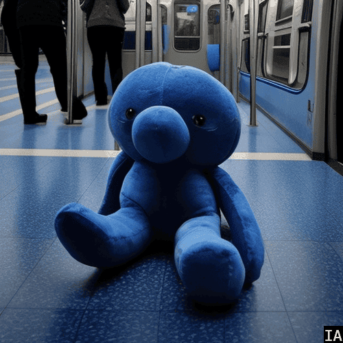 Image représentant une peluche bleue à terre dans une rame de métro, l'air triste