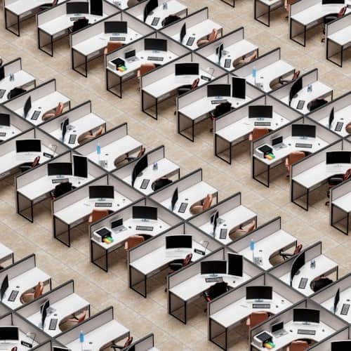 Rendu 3D d'un open space avec des alvéoles de travail