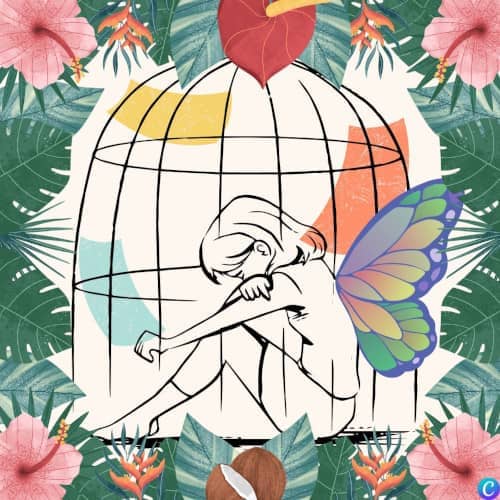 Illustration d'une femme avec des ailes de papillon, en cage