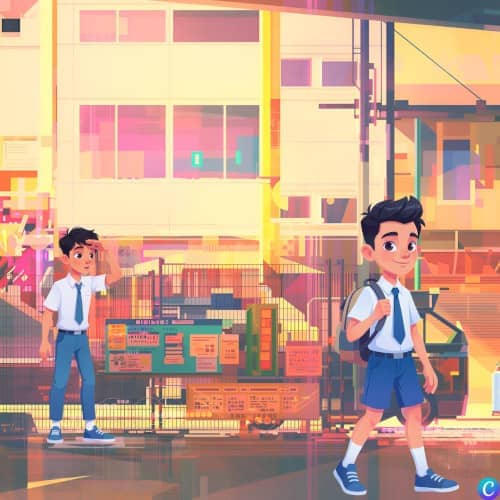 Image d'un enfant inquiet regardant un autre enfant identique s'éloigner dans la rue, cartable au dos