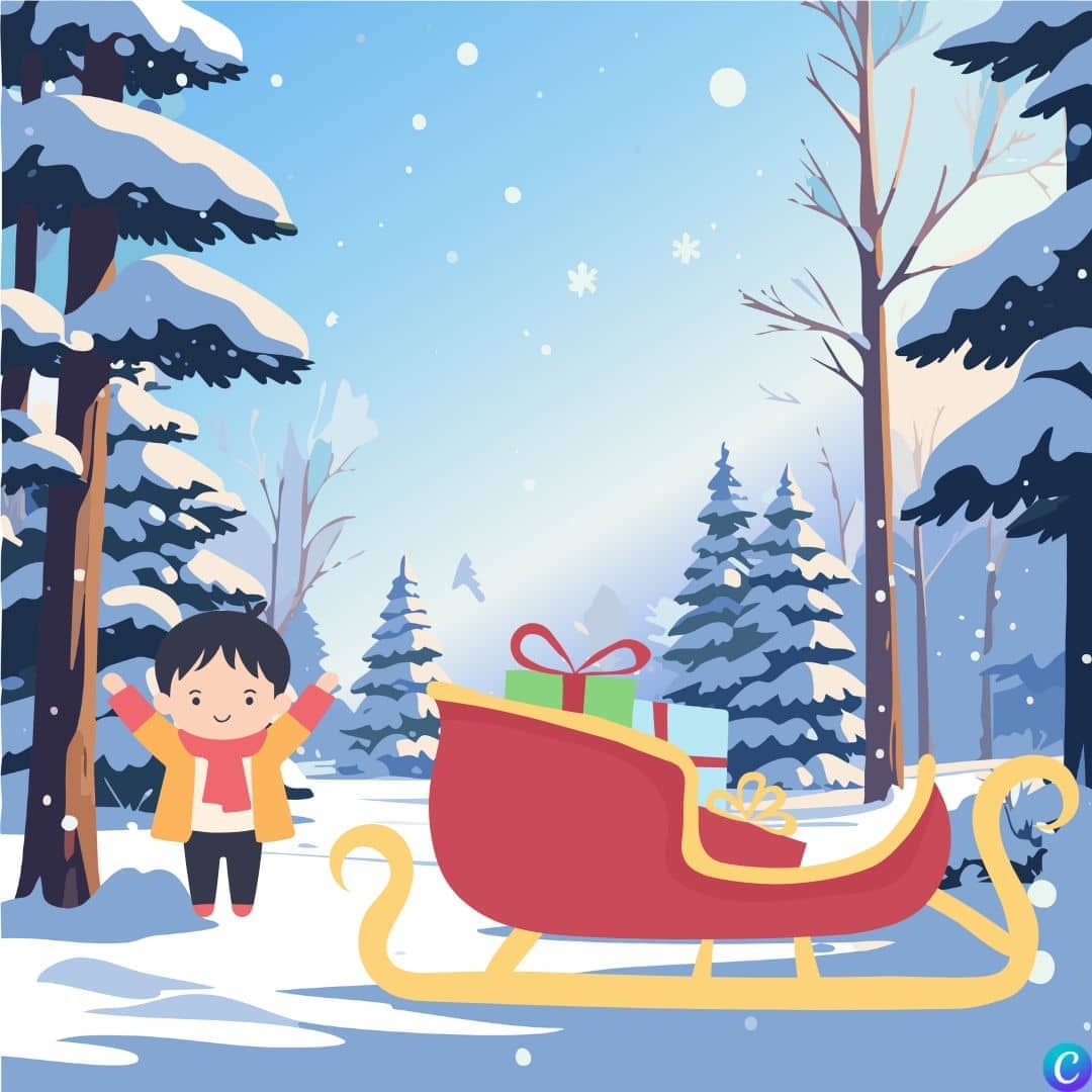 Image d'un enfant heureux à côté d'un traineau rempli de cadeaux