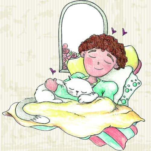Illustration par Jessica Ruel d'un petit garçon et son chat dormant confortablement