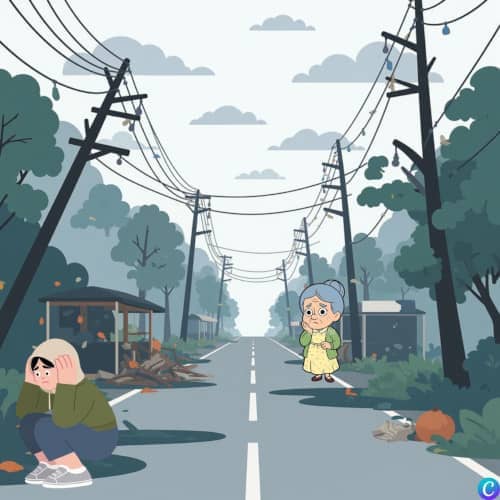 Image d'une mamie triste qui regarde sa petite fille ado recroquevillée sur elle-même dans la rue