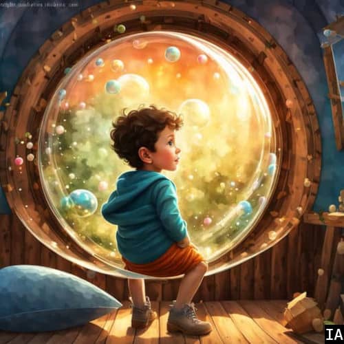 Image représentant un petit garçon à cheval sur et à l'intérieur d'une bulle, dans une cabane