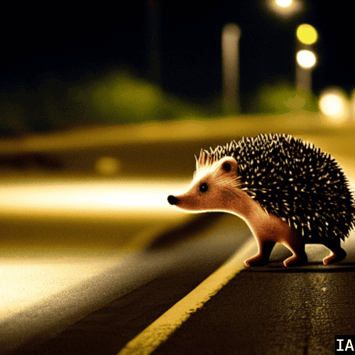 Image représentant un hérisson qui va traverser une route, de nuit