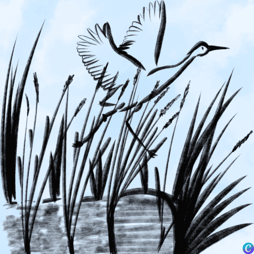 Image à l'encre de chine d'un héron s'envolant au milieu de roseaux