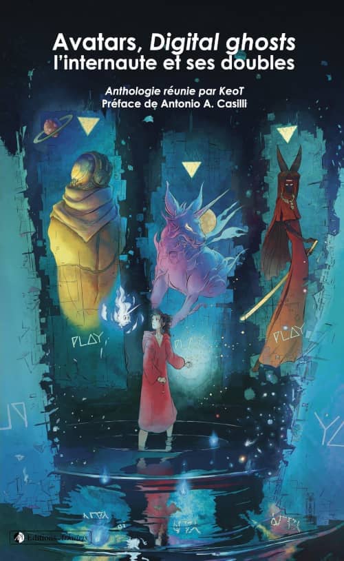 Couverture du recueil représentant une humaine entourée de forme humanoïde avec un sélecteur comem dans un jeu au-dessus de leurs têtes.