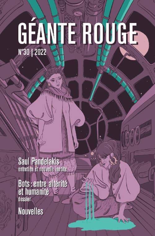 Page de garde de la revue représentant deux humaines dans un vaissau spacial, tons entièrement rouges