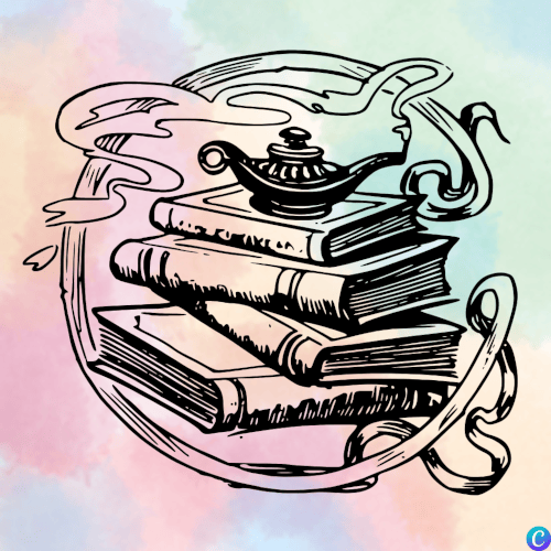 Image montrant en ombres une lampe d'aladin sur une pile de livres devant un fond coloré