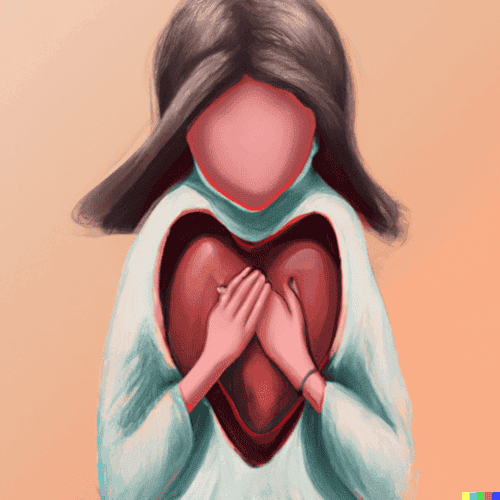 Image d'une femme, les deux mains sur son coeur dans sa poitrine ouverte