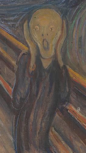 Photo de détail du tableau Le Cri d'Edward Munch, avec uniquement le personnage qui crie bouche ouverte et les mains sur les oreilles