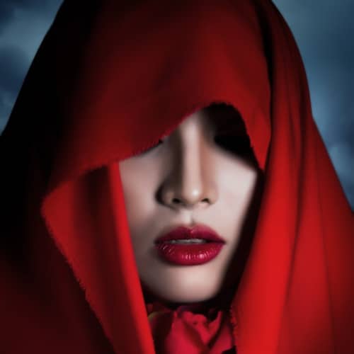 Photo d'une jeune femme aux lèvres rouges sous une capuche rouge