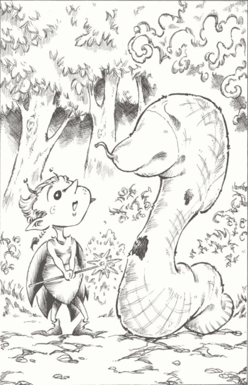 Image d'une petite fée à côté d'une chaussette à forme de serpent, trouée, illustration de Stéphanie Dubut