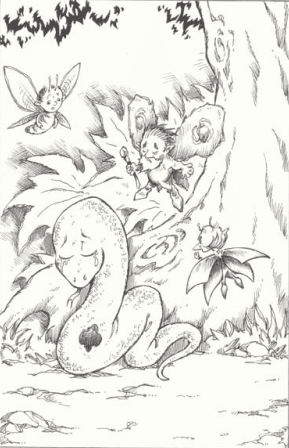 Image d'une chaussette serpent triste, un trou dans le ventre, illustration de Stéphanie Dubut