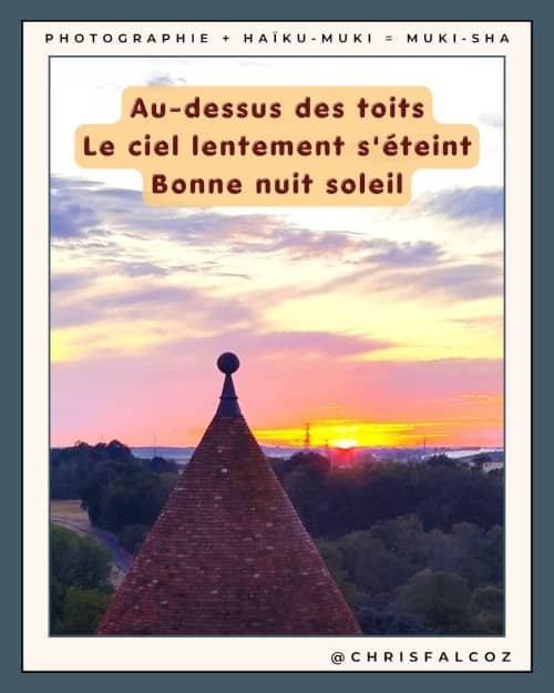 Photo d'un coucher de soleil, avec le toit d'une tour avec des tuiles rouges au premier plant